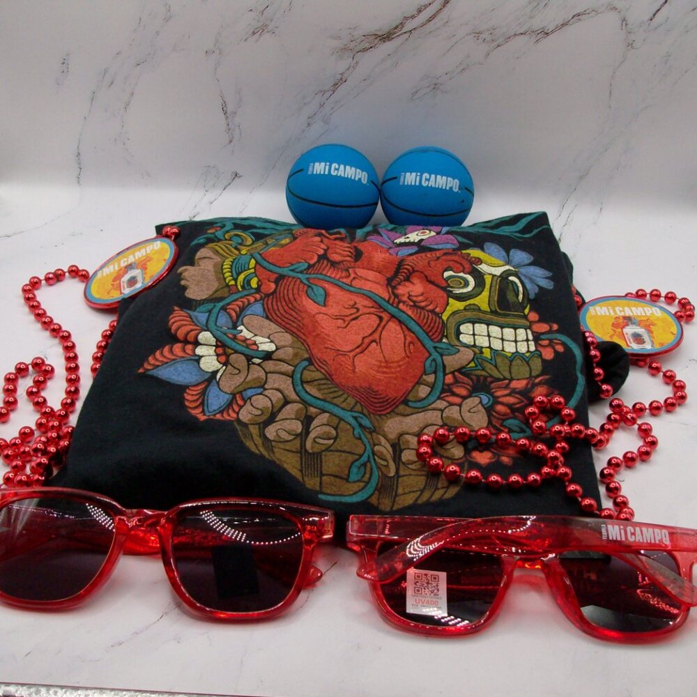 Mi Campo Tequila Promo Merch Bundle Women’s Shirt S Sunglasses Balls Beads